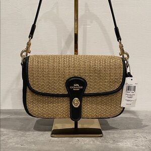 Coach Natural Straw Crossbody with Black Leather Trim and Gold Hardware